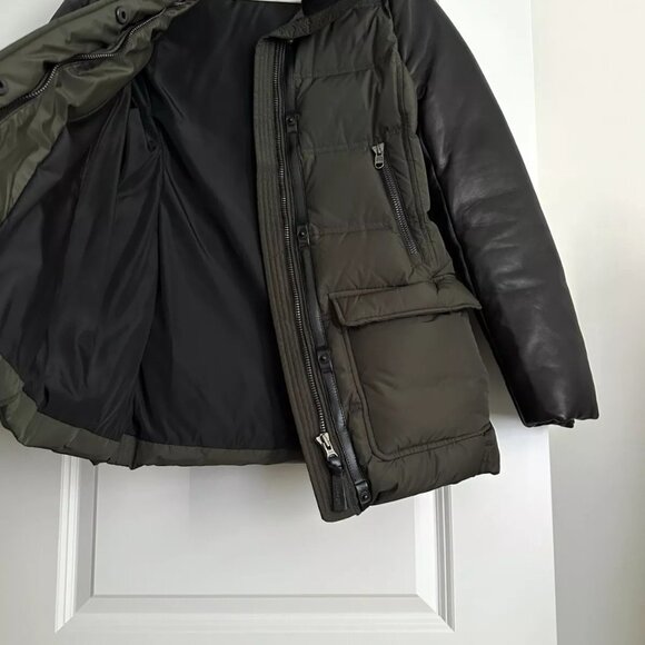MACKAGE Women's Down Leather Sleeve Puffer Coat in Green/Black Size S - Picture 5 of 13